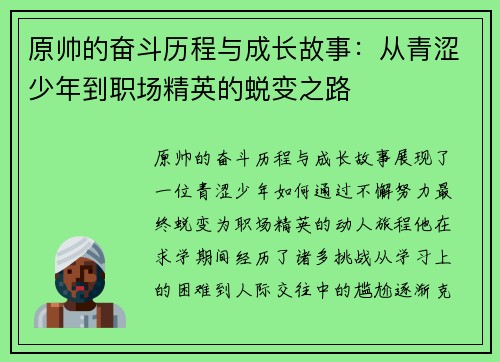 原帅的奋斗历程与成长故事：从青涩少年到职场精英的蜕变之路